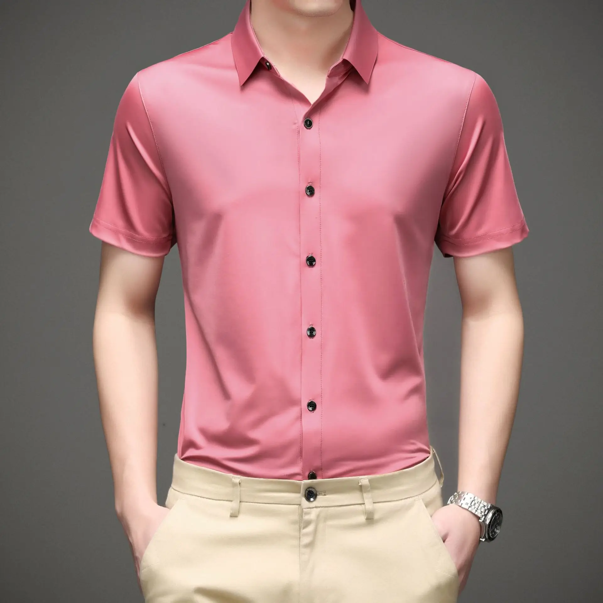 

2021 men's new short sleeve solid color Lapel casual shirt