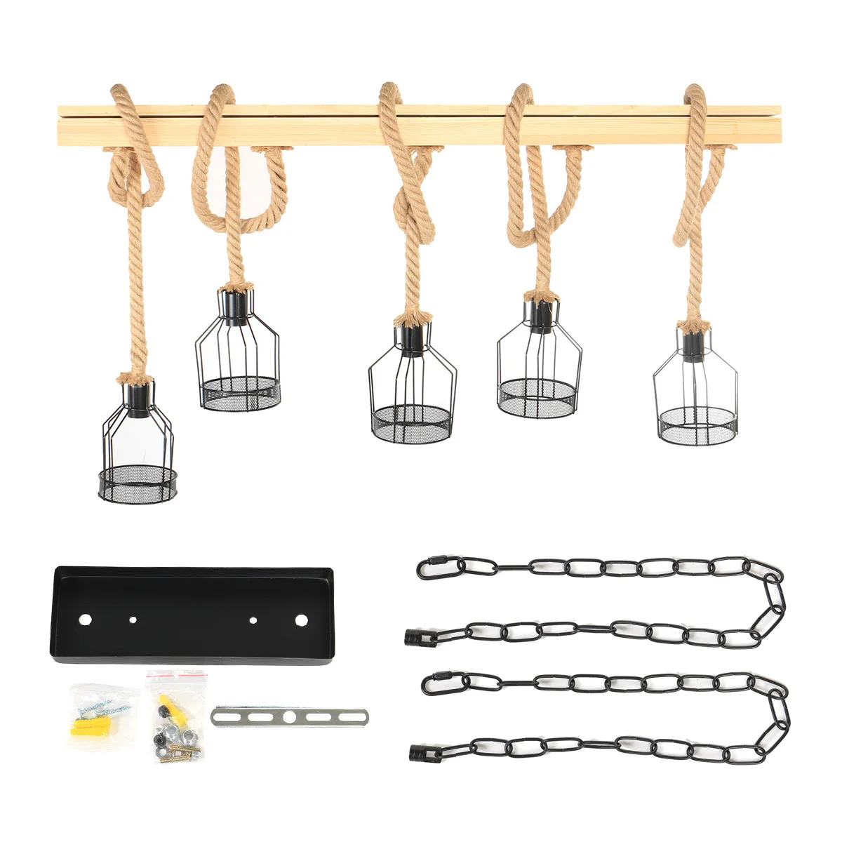 

5 Heads Retro Wood Pendant Light Industrial Chandelier Iron Hemp Rope Hanging Lamp Restaurant Dining Room Bar Decors Lighting