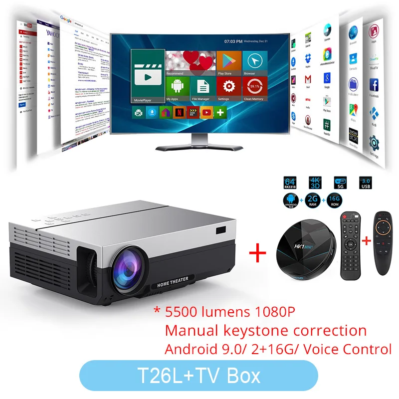 T26L Add TV Box Everycom T26K Full HD проектор 1920x1080P проектор Портативный 5500 люмен HDMI проектор видео проектор LED Главная Театр фильм - Цвет: T26L Add TV Box