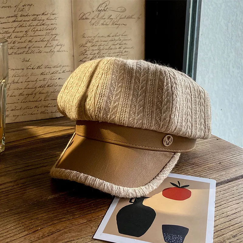 

Pu leather beret vintage letter-stripe painter's hat for autumn and winter