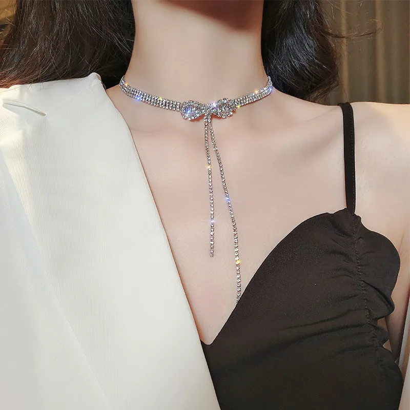 

New Glitter Bow Necklace for Women Korean Temperament Necklace Sexy Long Tassel Clavicle Chain Choker Neck Short Chain Jewelry