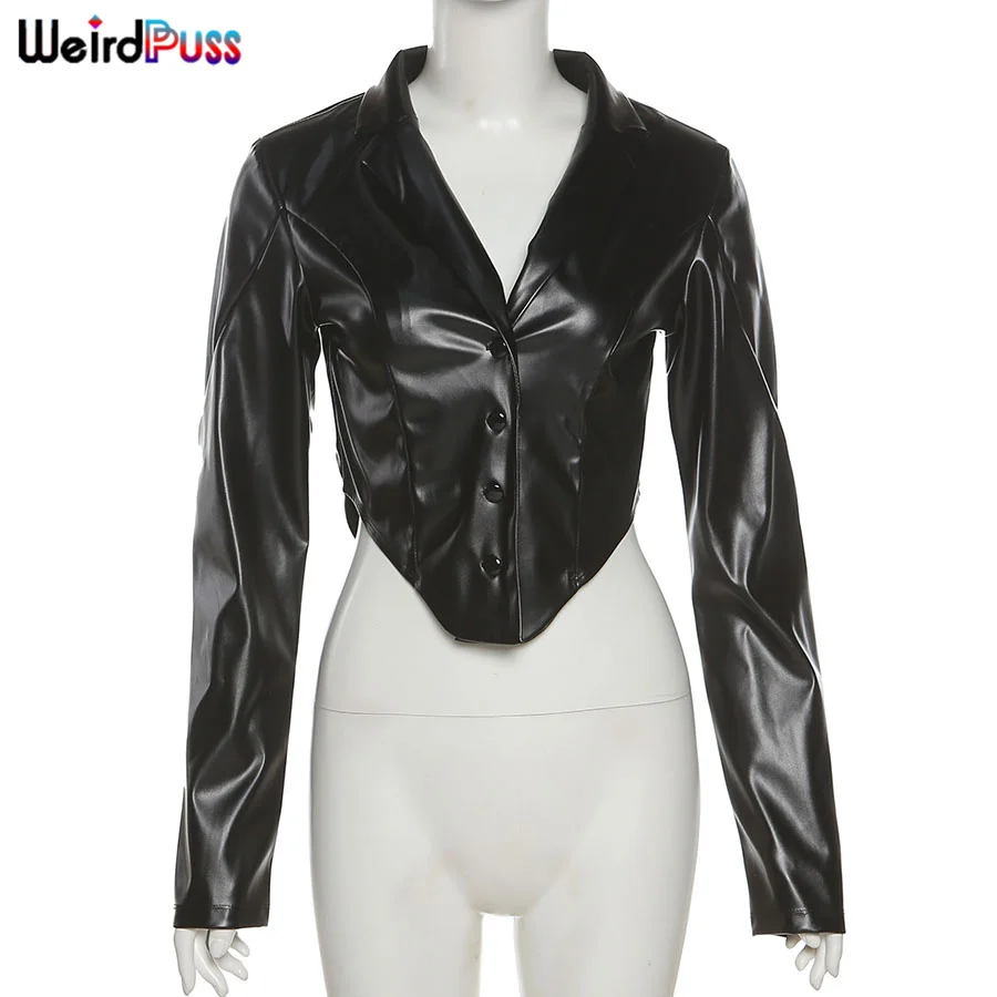 Куртка женская из искусственной кожи на пуговицах с длинным рукавом | Женская