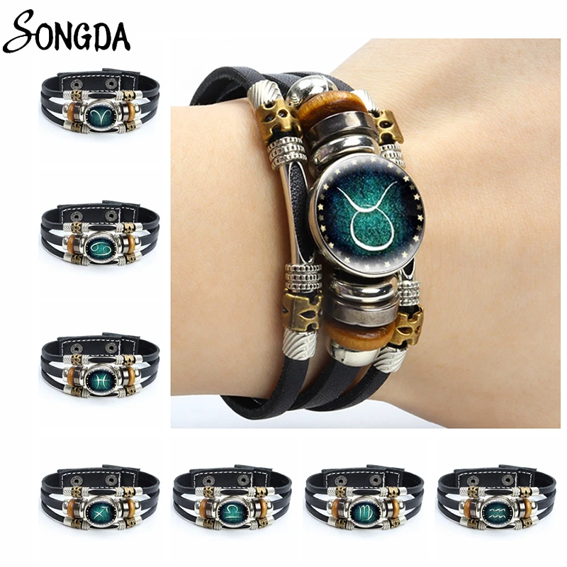 

12 Constellation Leather Bracelets Horoscope Zodiac Sign Multilayer Braided Bracelets Bangles Glass Leo Libra Unisex Jewelry New