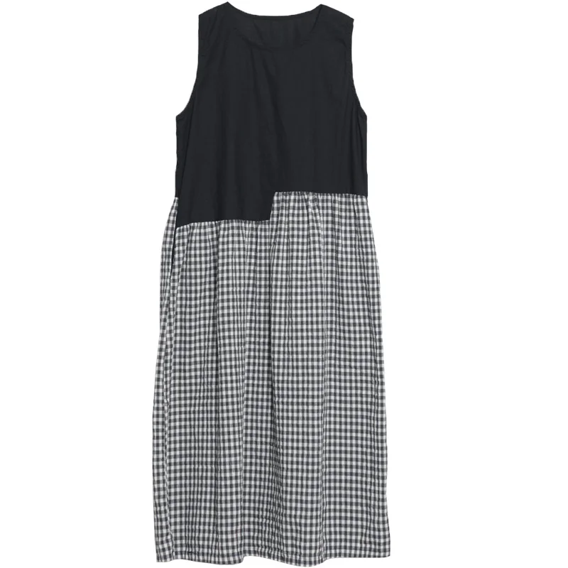 

COIGARSAM Fashion Sleeveless Women dress New Spring Cotton Linen Loose O-Neck Dresses Black 8621