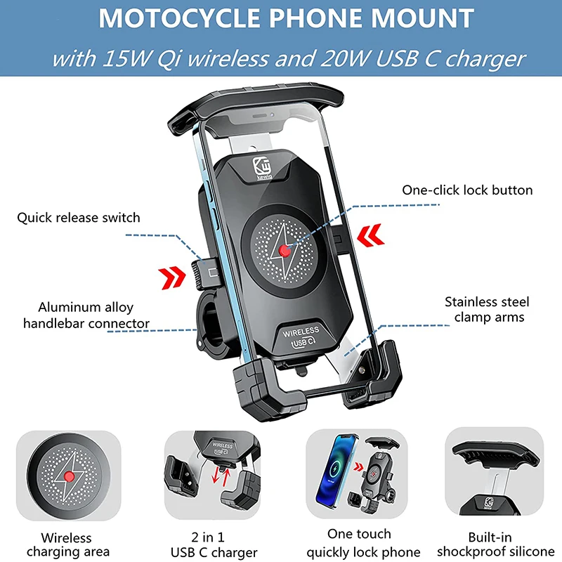 15w qi wireless and usb charger phone holder gps phone mount for motorcycle handlebar phone accessories free global shipping