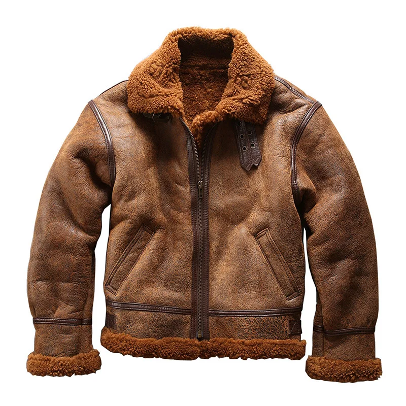 

Куртка мужская из натуральной овечьей кожи, теплая овчина, Бомбер в стиле милитари, пилот с мехом, большие размеры в европейском стиле