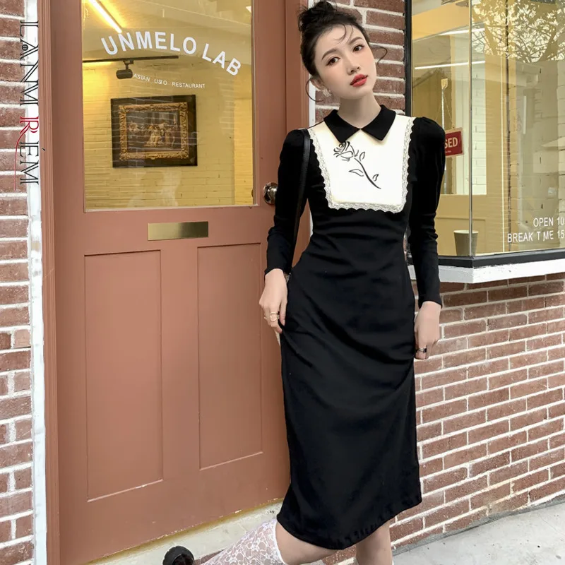 

Платье LANMREM женское трикотажное с винтажным принтом, повседневное ТРАПЕЦИЕВИДНОЕ ПЛАТЬЕ С Длинным Рукавом и отложным воротником в Корейско...