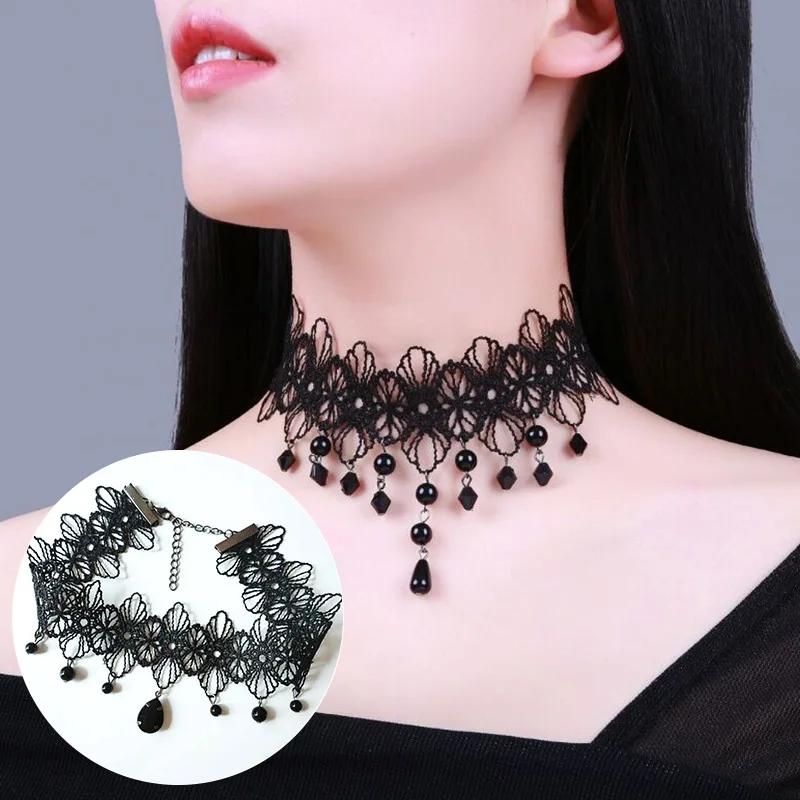 

Black Lace Plaid Flower Summer Woman Vintage Clavicle Chain Fashion Wedding Party Pendant Short Necklaces Jewelry Gifts