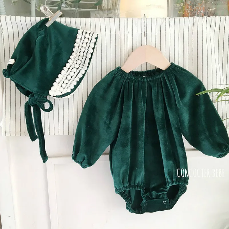 

Spring Newborn Baby Girl Clothes Korean cute gold velvet baby Romper Thicken Princess Jumpsuit Clothing Girls clothing+ Hat