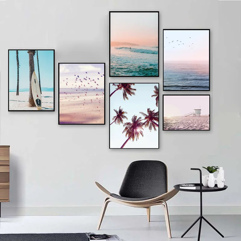 

Sunset Ocean Landscape Canvas Poster Nordic Beach Surfing Wall Art Sea Bird Print Painting Decoration Picture for Living Room