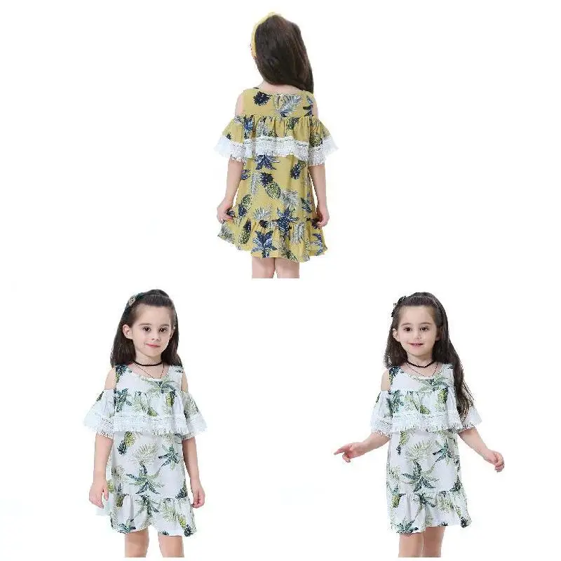 

2020 New Arrival Fashion Kids Girls Print Dress Pineapple Pattern Off Shoulder Loose Princess Dress For Summer AN88