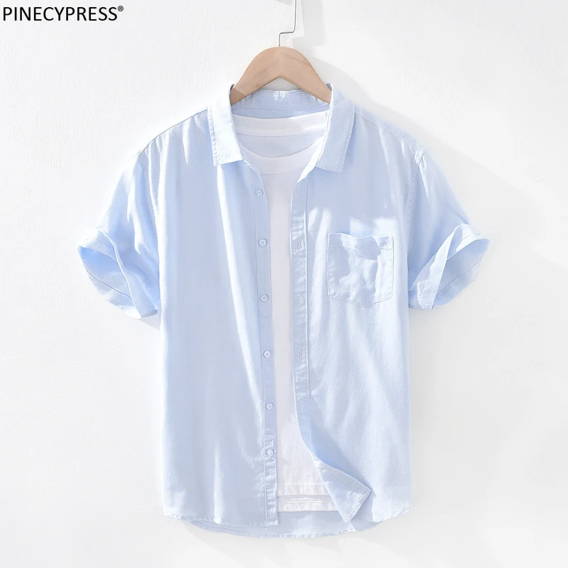 

55% Linen 45% Cotton Anti-static Breathable Soft Anti-pilling Summer Short Sleeve Man Shirt Male Solid Quality Men Casual Shirts