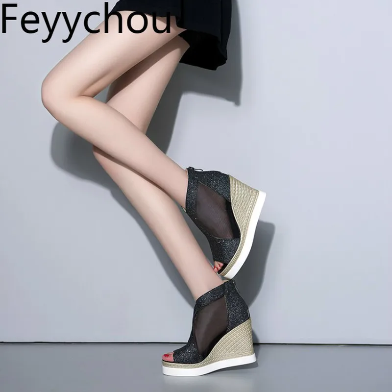 Женские босоножки на танкетке кружевные сетчатые вечерние Фли с открытым носком