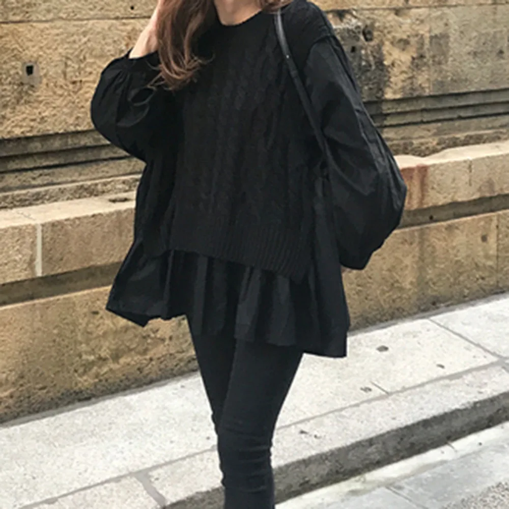 

Lady New Fashion Solid Round Neck Long Sleeve Tops Winter Autumn Women Knitwear Stitching Fake Two-piece Loose Casual Pullover