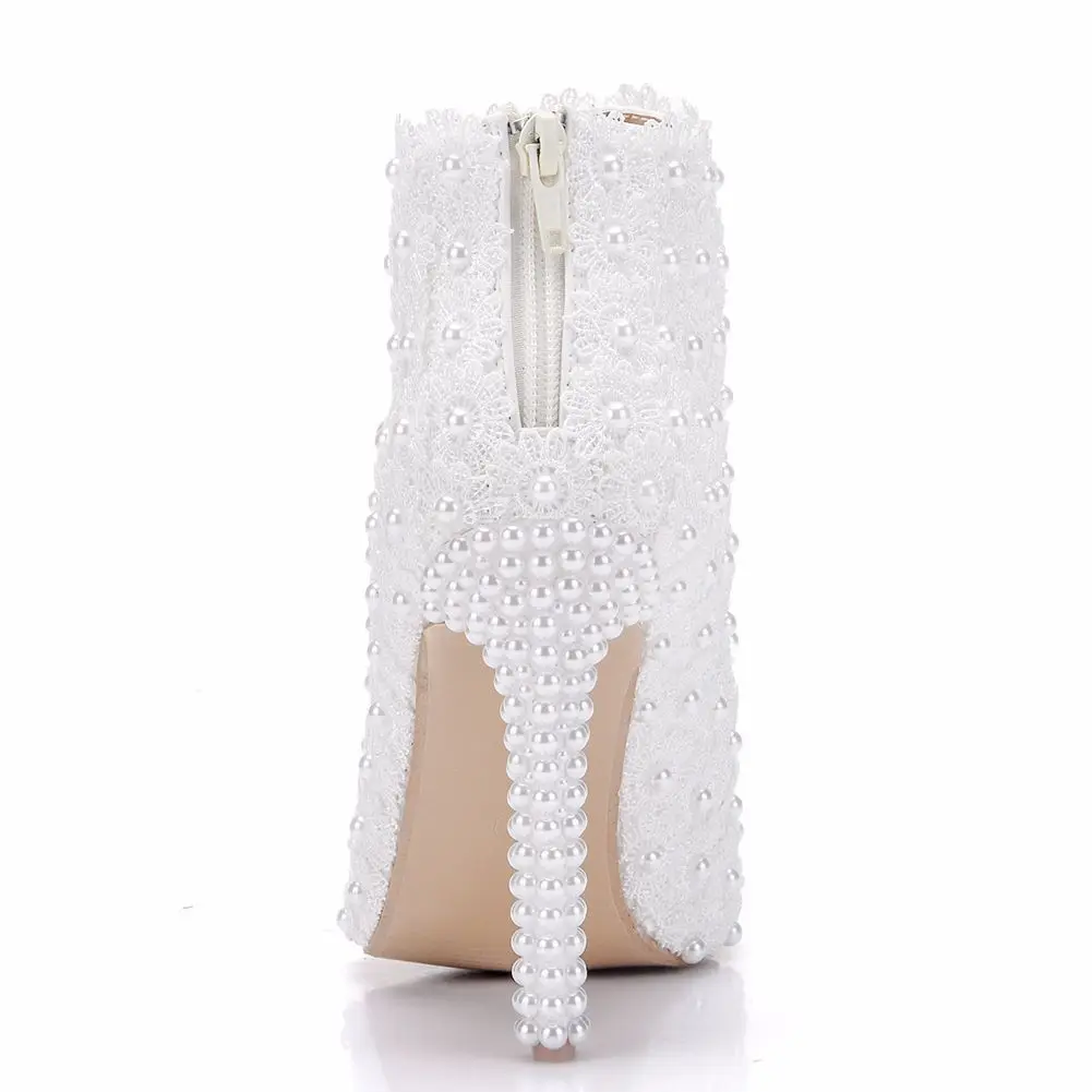 

Womens Pointed Toe Ankle Boots Lace Pearls Stilettos High Heel Shoes Floral Wedding Bridal Party White New 2022