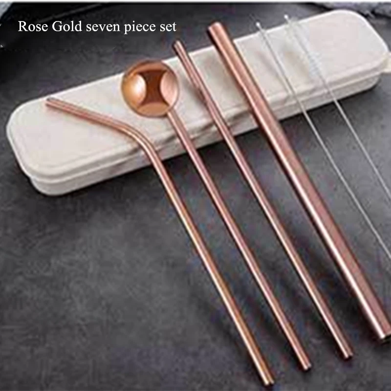 Rose Gold 7 piece Металлическая соломинка из нержавеющей стали yerba mate металлическая соломинки многократного использования соломенная сумка Экологичная соломка из нержавеющей стали для пива тапиоковые жемчужины трубки - Цвет: Rose Gold 7 piece