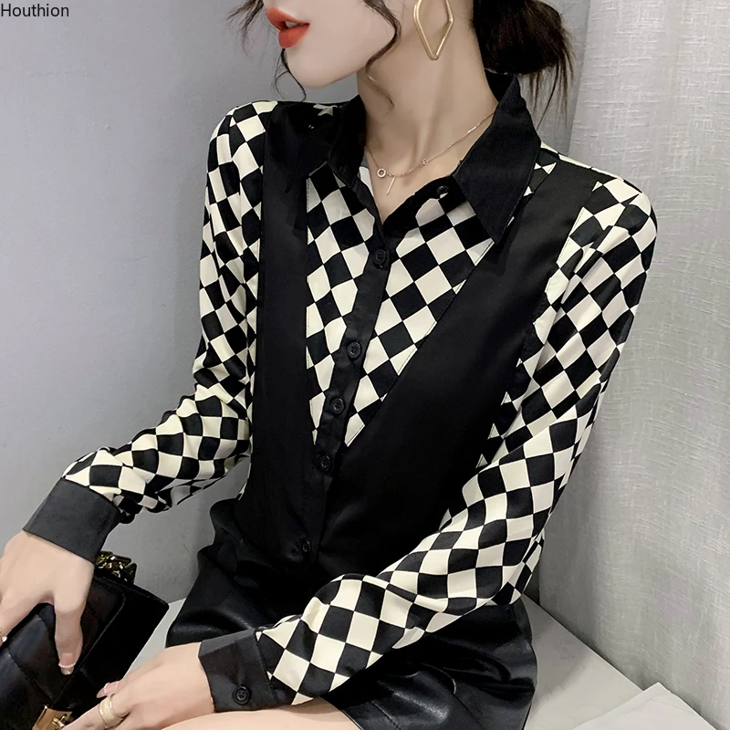 

Autumn New Women's Blouses Polo Shirt Long Sleeve Tops Splicing Printed Blouse Satin Casual Fashion Lady Loose