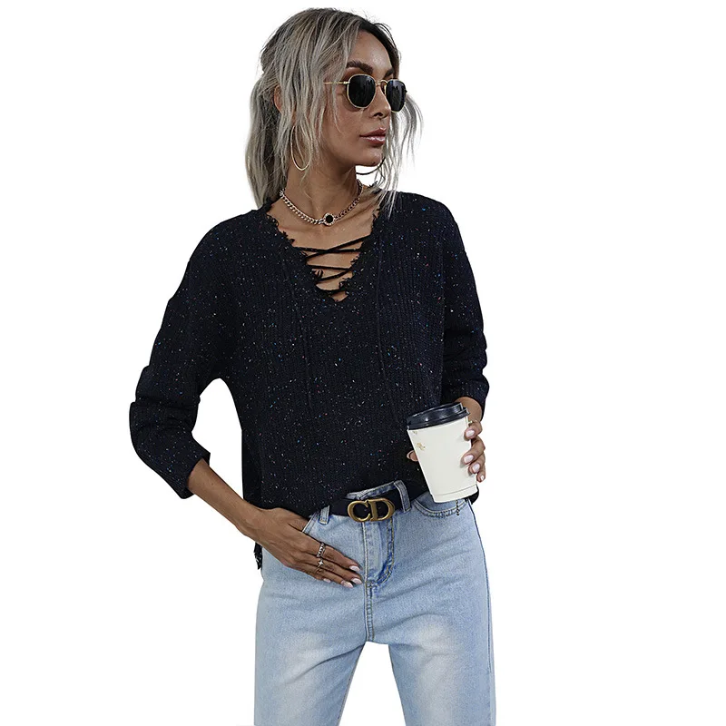 

2020 New Solid Color Casual Broken Sweater Women's Autumn Loose V-Neck All-Match Street Commuting Causual Office Style