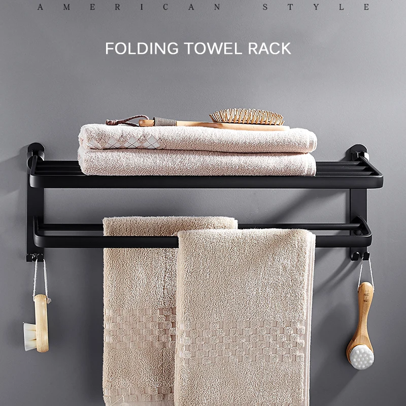 

Punch-free black towel rack bathroom folding towel rack shelf Nordic bathroom towel bar bathroom accessories