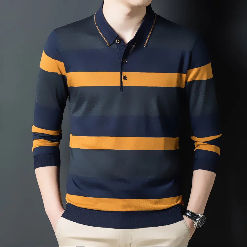

Ymwmhu New Fashion Men Polo Shirt Long Sleeve Button Collar Autumn and Winter Tshirt Striped Slim Fit Clothing Korean Polo Shirt