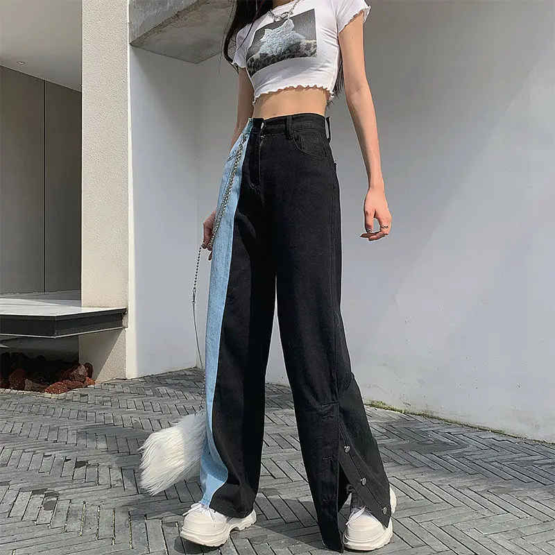 

Woman Spring Jeans High Waist Blue Black Trousers Autumn Female New Fashion Cowboy Jeans Split Wide Leg Jeans Loose Streetwear