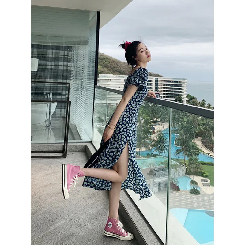 Женские повседневные платья в стиле ретро миди с цветочным принтом квадратным