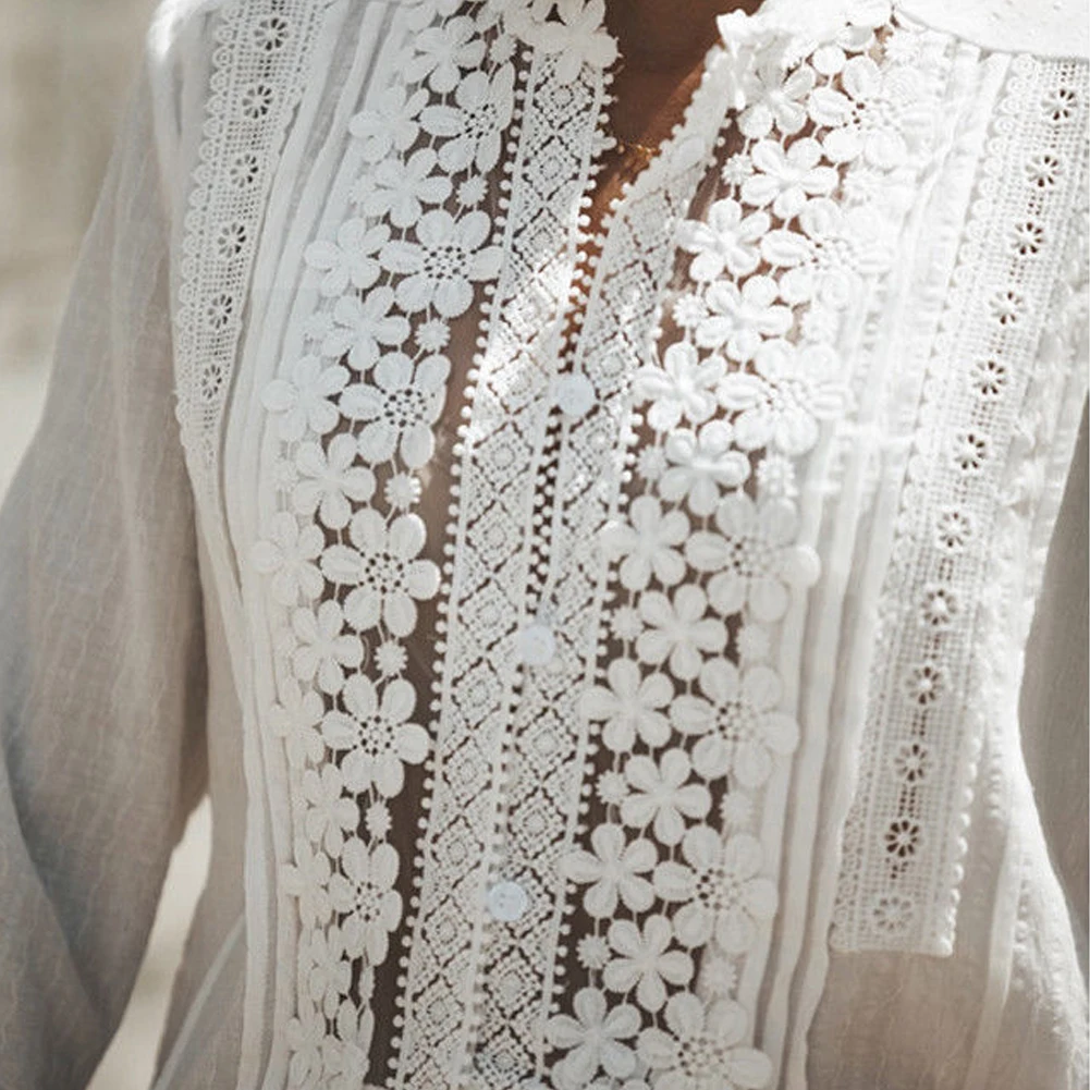 Женские блузки с длинным кружевным рукавом Boho белые рубашки цветочным принтом