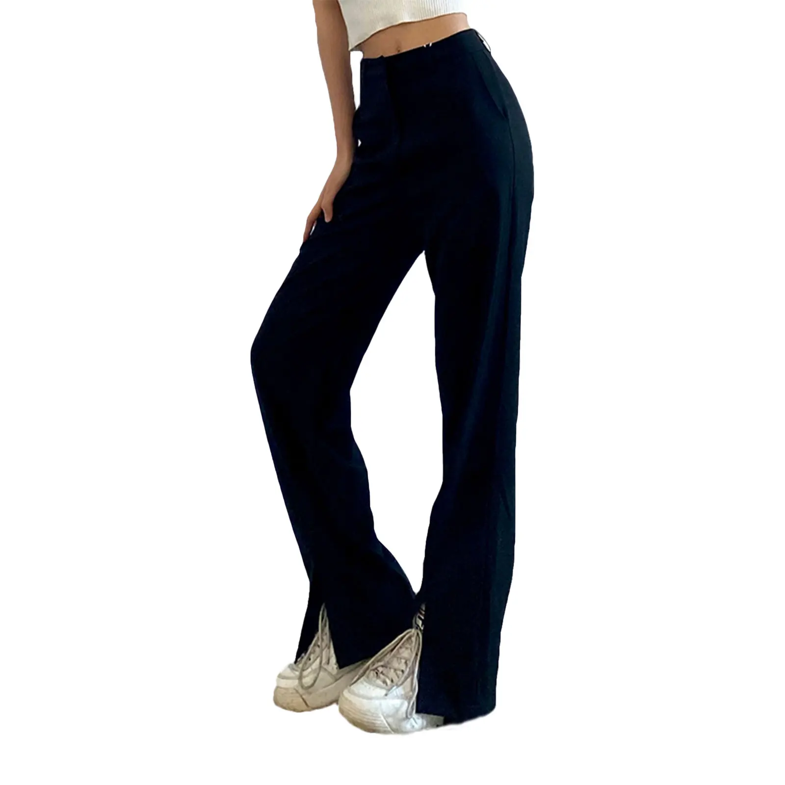 

ladies casual black solid color high waist straight leg pants trousers fashion unique style exquisite eye-catching 2021