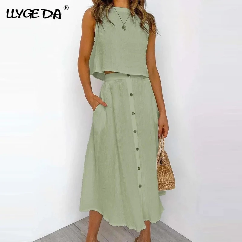 

Solid Two Piece Set Women Skirt O-neck Sleeveless Tank Top Single Breasted Long A-line Skirts 2021 Summer Fashion Women's Suit