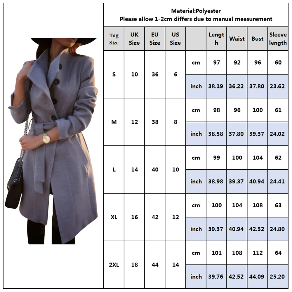 

Women Woolen Coats Winter Thick Warm Long Sleeve Wool Coats Knee Length Sashes Solid Overcoat For Ladies Elegant Work Wear Q40