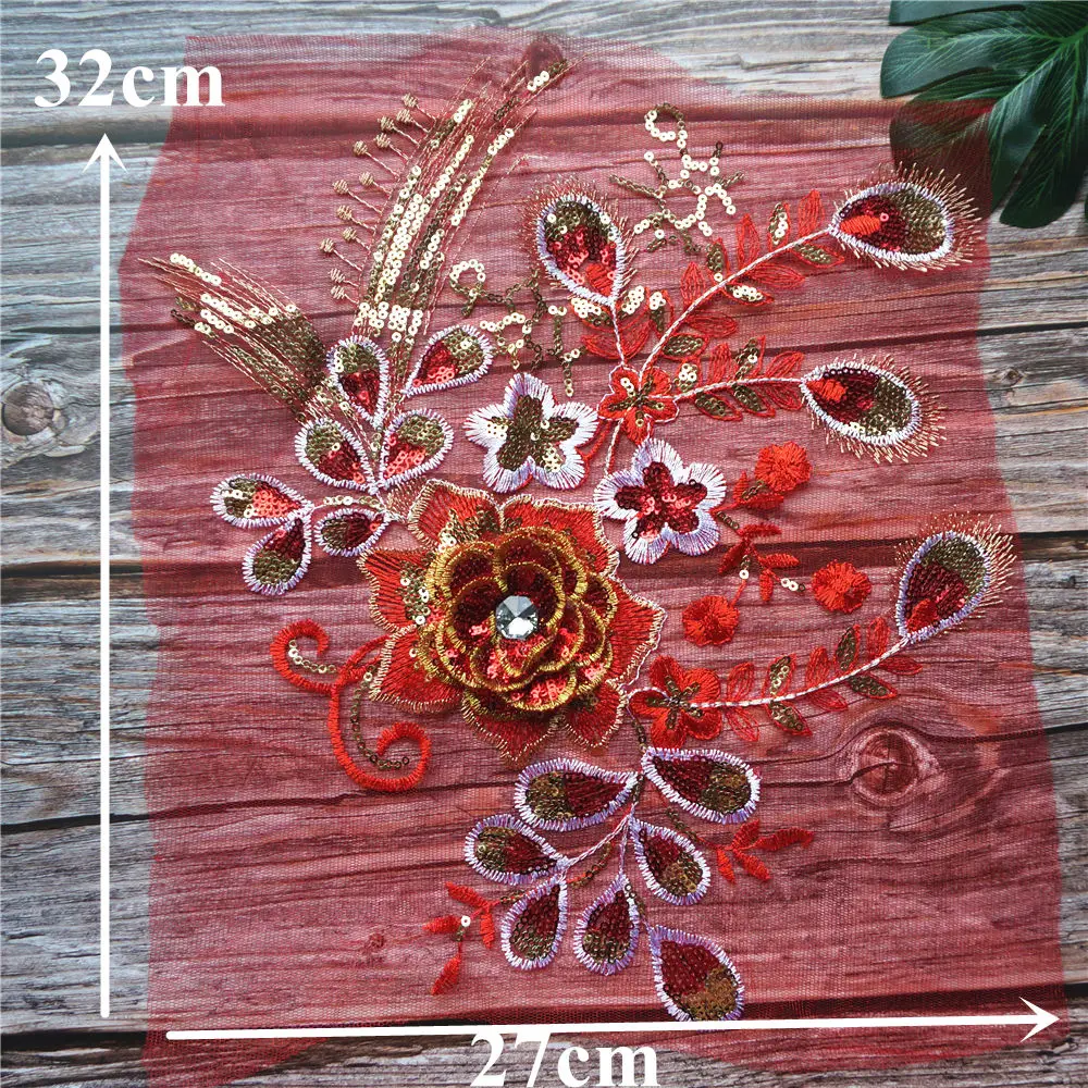 Красные золотые блестки перо цветок вышитая аппликация кружевной тканевый