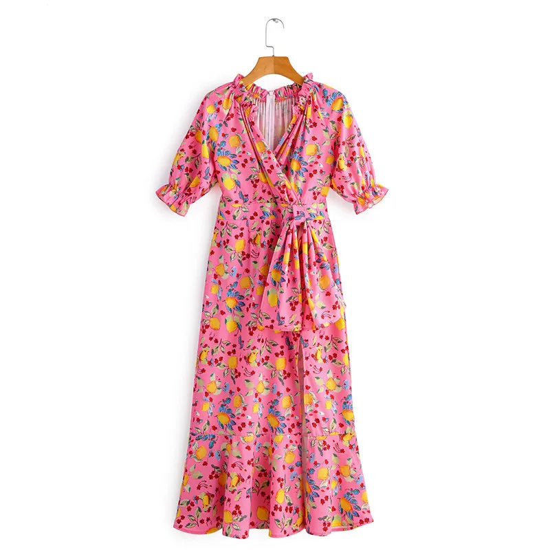 Женское милое платье миди с цветочным принтом повседневное летнее v образным