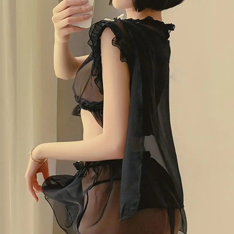 

Women Sexy Sheer Mesh Maid Lingerie Sleeveless Ruffles Bow Crop Top with Shawl Cape Mini Skirt Cosplay Uniform Nightwear