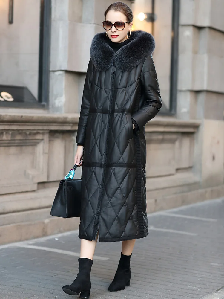 Black Leather Coat Women's Winter Fox Fur Sheepskin Down Coat Long Hooded Leather Outerwear Casual Trench