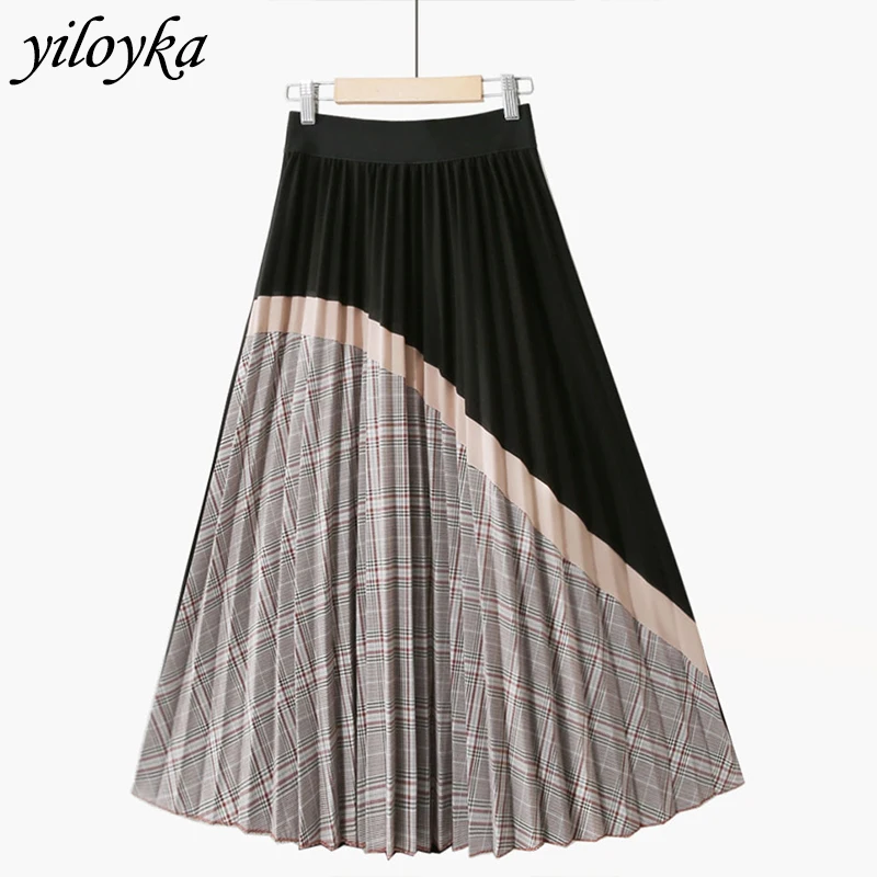 Летняя новая юбка с высокой талией клетчатые плиссированные юбки в стиле пэчворк