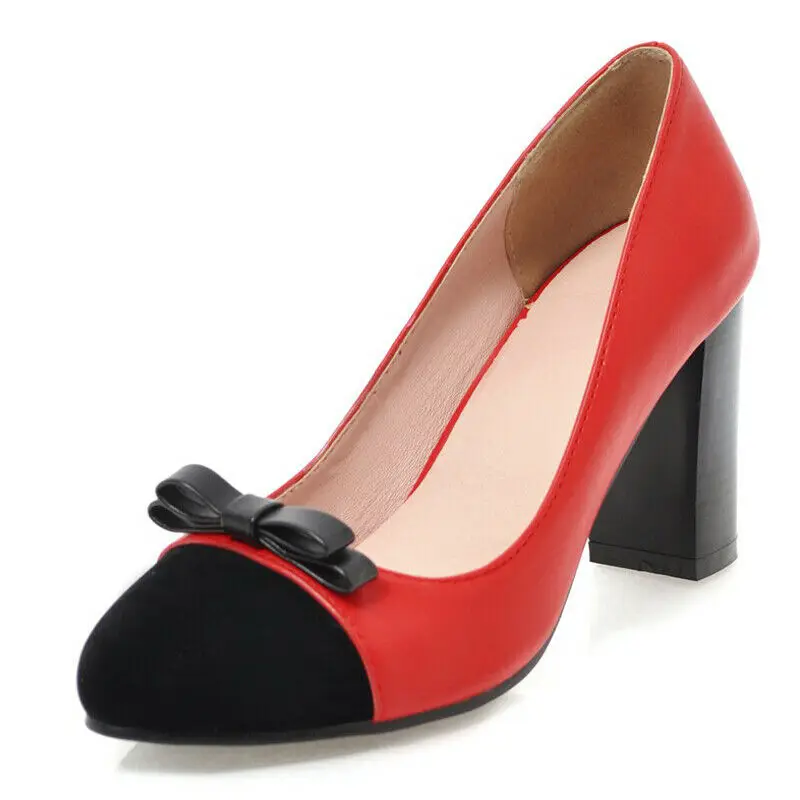 

Women's Bowtie Sweet Pointed Toe Faux Leather PU Slip On Chunky High Heel Splicing Party Dress Work Wedding Ladies Pumps Shoes