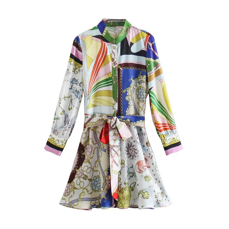 

Autumn Spring Dress 2021 Print Mini Shirt Dress Women Vintage Belt Long Sleeve Short Dresses Woman Button Up Casual Dresses