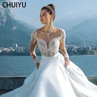 Великолепное свадебное платье HERBURNL с круглым вырезом, длинными рукавами, аппликациями, атласное кружевное Тюлевое Элегантное свадебное платье, платье для невесты