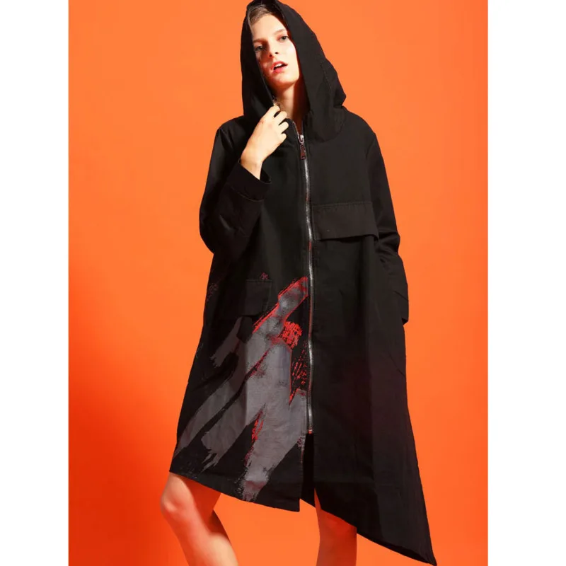 

Vefadisa Large Size Women Trench Coat 2020 Autumn Women Irregular Hooded Coat Female Mid-length Personality Printing Coat LHX131