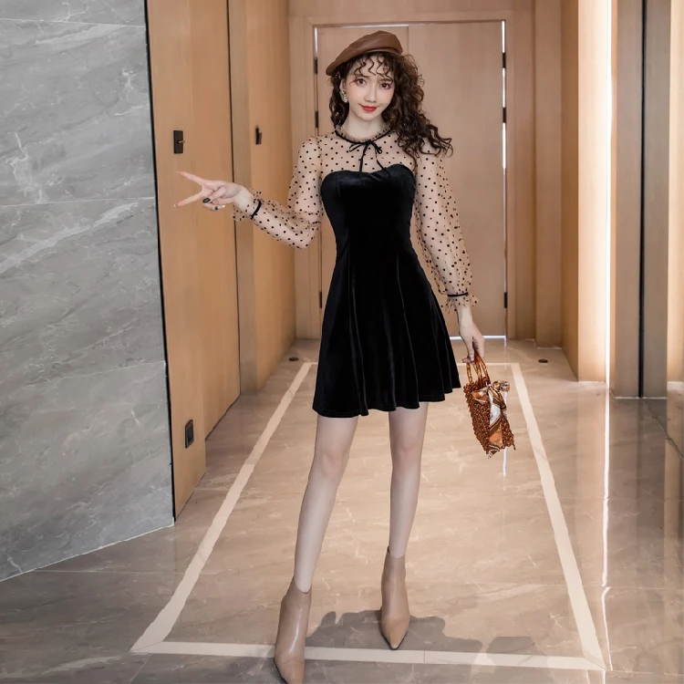 Модное Сетчатое мини-платье тонкое черное платье с круглым вырезом и длинным