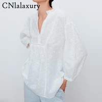 2021 za women fashion agaric lace v neck embroidery white smock blouse female casual kimono shirts roupas chic blusas mujer tops