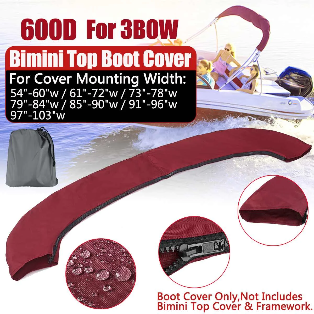 3 BOW Bimini Top Boot Cover No Frame with Zipper Boat Cover 600D Waterproof Anti UV Dustproof Marine Cover Boat Accessories