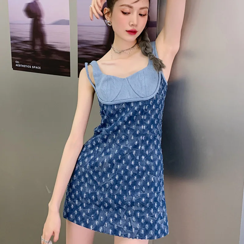 

Женское джинсовое платье без рукавов, ТРАПЕЦИЕВИДНОЕ ПЛАТЬЕ составного кроя с квадратным вырезом, лето 2021, Новое поступление Z549