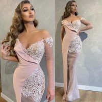 dubai arabic prom dresses off the shoulder illusion long sleeves appliques lace mermaid evening dress one shoulder party gowns