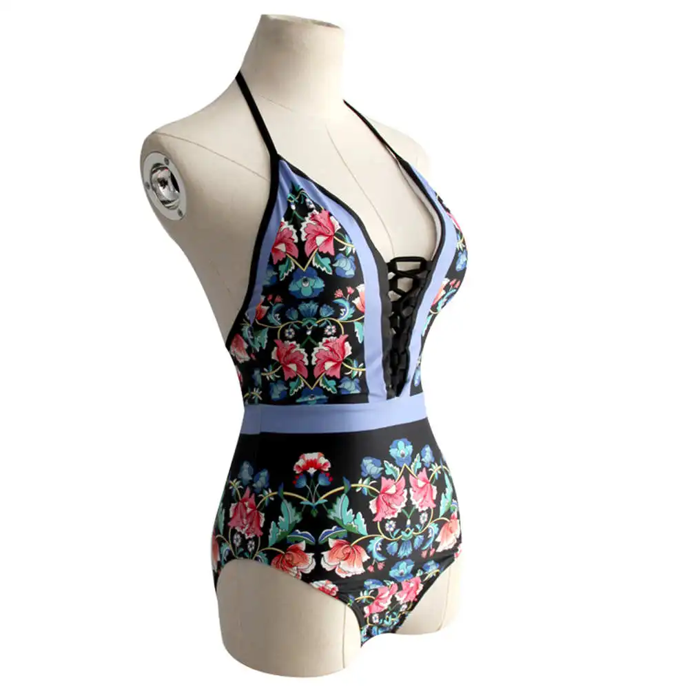 Женский купальный костюм на шнуровке с цветочным принтом купальник пуш ап