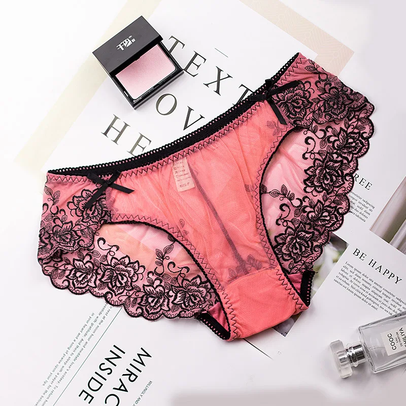 Женское нижнее белье с кружевной вышивкой и низкой талией розовое красное |