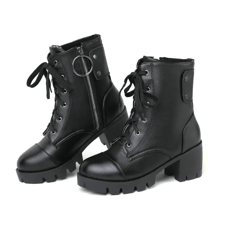 Женские ботильоны на молнии QUTAA черные ботинки из искусственной кожи высоком