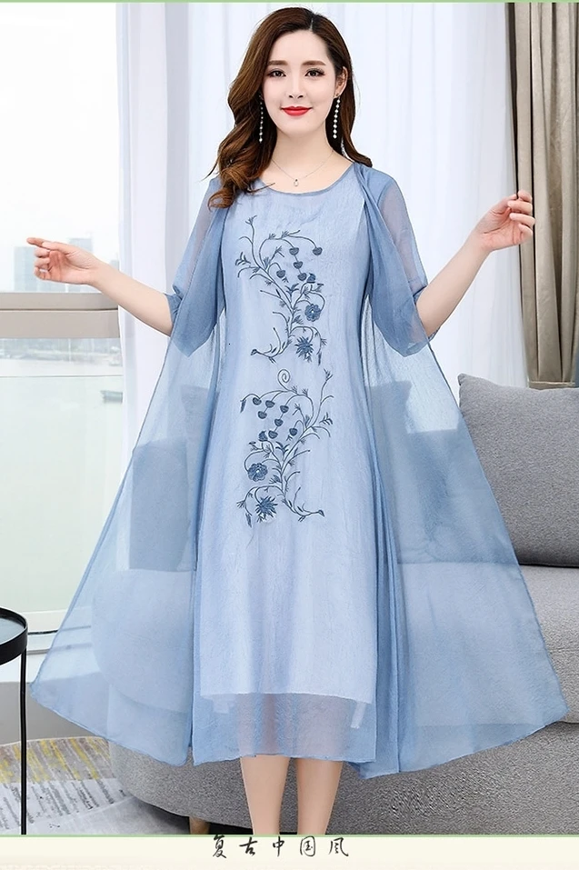 

Women Dress Suit Vintage Retro Floral Flower Chiffon Embroidery Chinese Two Piece Set Clothes For Wedding Guest Mother Plus Size