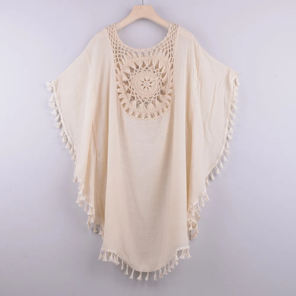 

Pareo Beach Dress for Woman Tunic Tassel Beige White Cover-up Vocation Summer Sun Cover Up Women's Lady Bikini Coverups 6 Colors