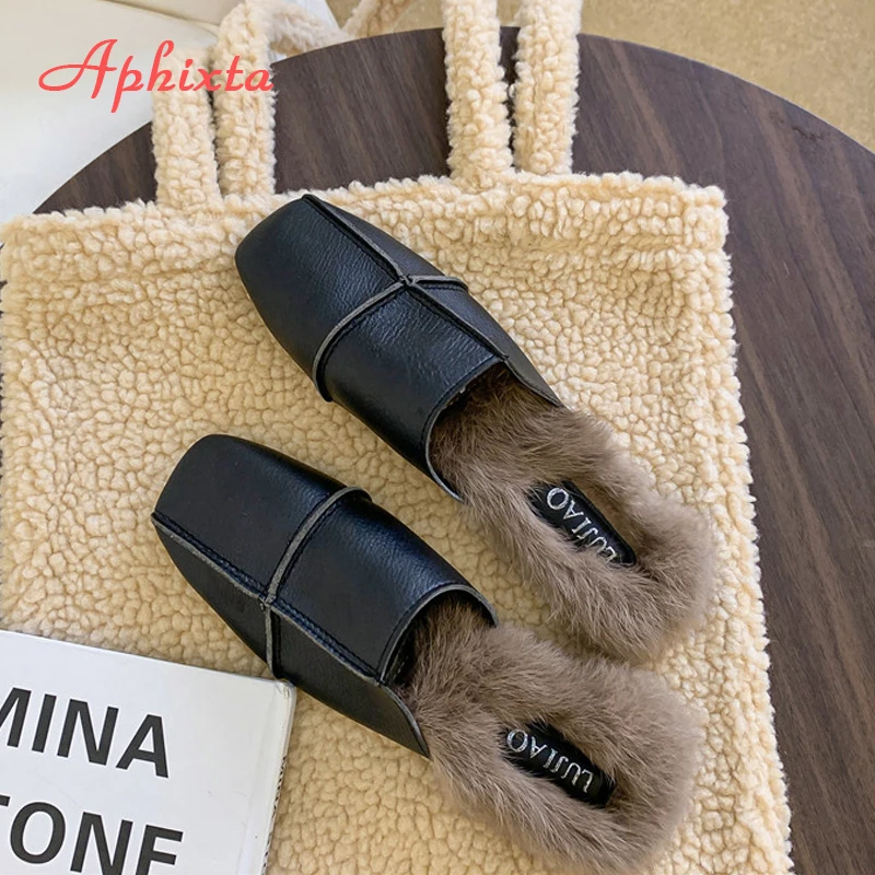 Aphixta/зимние теплые женские шлепанцы с натуральным кроличьим мехом; женские пушистые тапочки; женские шлепанцы на плоской подошве с квадратным носком